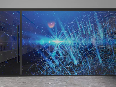 Modern Glass Partition Design With Blue Technological Pattern And Glowing Lines 3d model