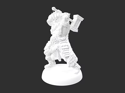 White 3D Printed Warrior Character Model With Weapon In Standing Pose On Round Base 3d model