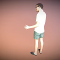 Man Wearing Glasses Light Colored Shirt Green Shorts Black Sandals Extending Hand On Gradient Background 3d model
