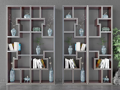 Modern Geometric Shelving Unit With Decorative Vases Books And Green Plants 3d model