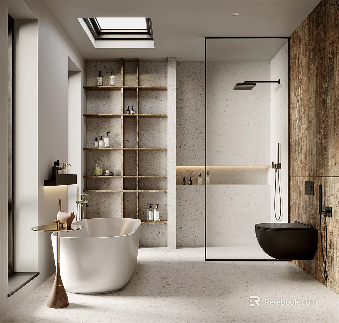 Modern Bathroom Interior With Freestanding Bathtub Glass Shower Open Wooden Shelves And Stone Walls 3d model 
