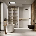 Modern Bathroom Interior With Freestanding Bathtub Glass Shower Open Wooden Shelves And Stone Walls