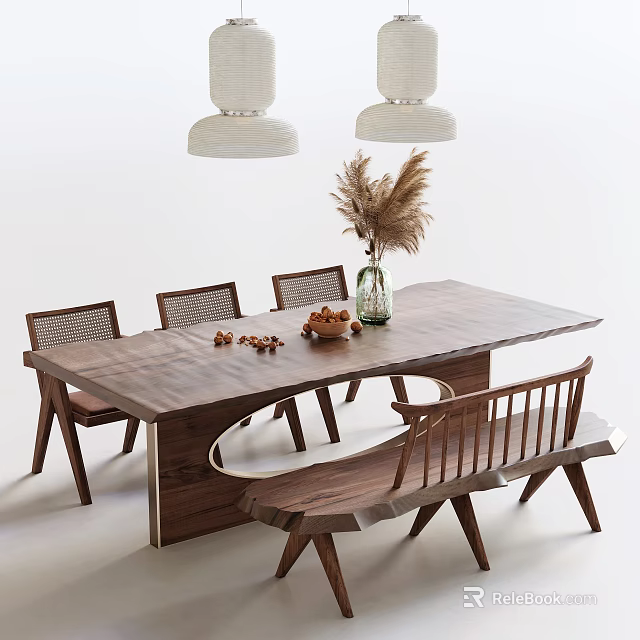 Wooden Dining Table Set With Woven Back Chairs Bench And Pampas Grass Decor 3d model 