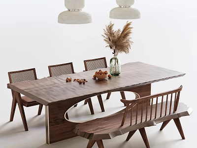 Wooden Dining Table Set With Woven Back Chairs Bench And Pampas Grass Decor 3d model