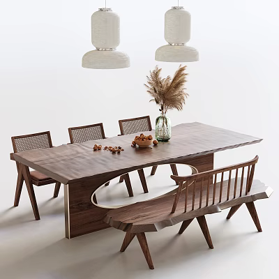 Wooden Dining Table Set With Woven Back Chairs Bench And Pampas Grass Decor 3d model