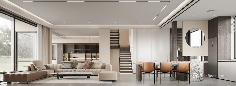 Modern Living Dining Room Interior Design With Sofa Coffee Table And Dining Table Chairs Staircase 3d model