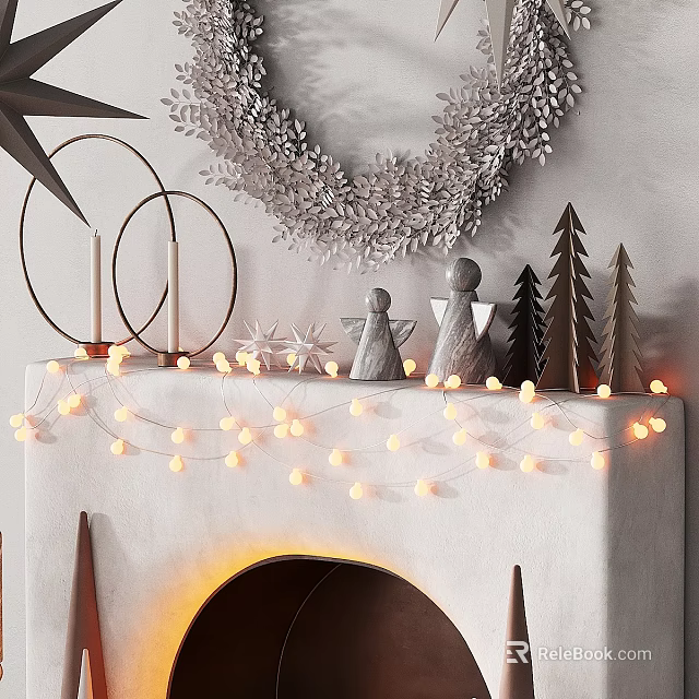 Metal Christmas Tree Shaped Decorations on Gray Wall Fireplace with String Lights and Wreath 3d model 
