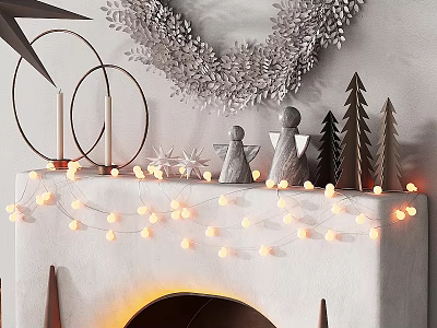 Metal Christmas Tree Shaped Decorations on Gray Wall Fireplace with String Lights and Wreath 3d model