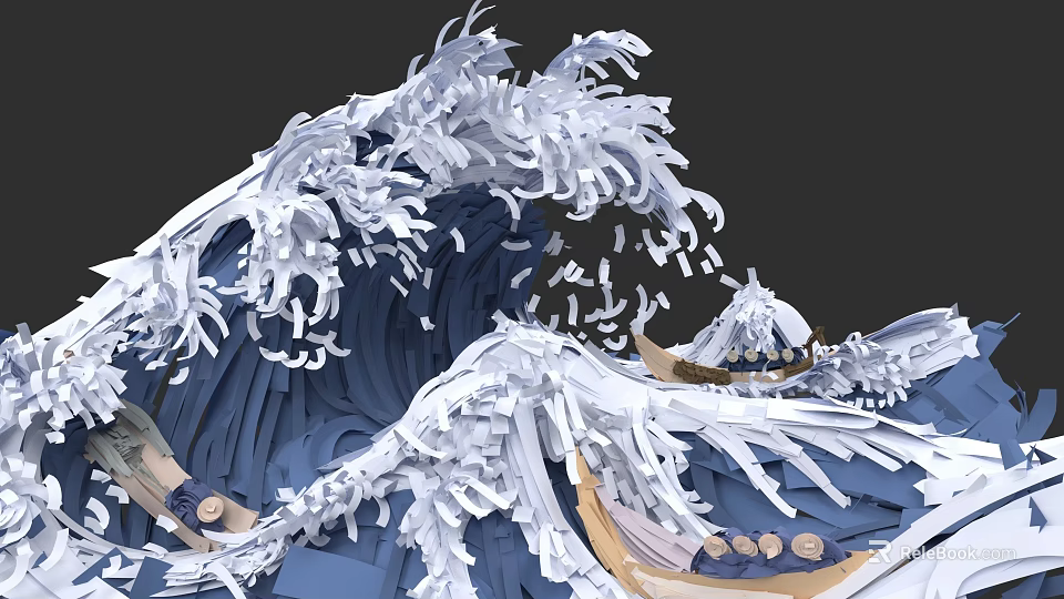 3D Paper Art Landscape Painting With Crashing Waves Small Boats And Mountain 3d model 