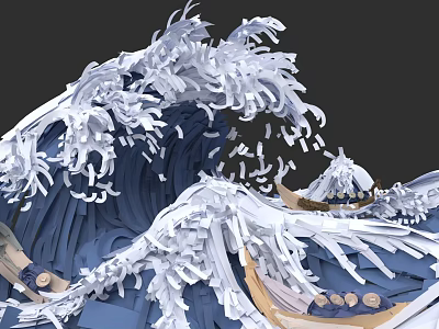 3D Paper Art Landscape Painting With Crashing Waves Small Boats And Mountain 3d model