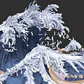 3D Paper Art Landscape Painting With Crashing Waves Small Boats And Mountain