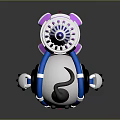 Cute Cartoon Character With Horn And Blue White Body Next To Purple Striped Tower Structure