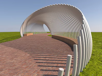 Modern Garden Landscape With Arched White Striped Structure Red Brick Pathway And Green Lawn 3d model
