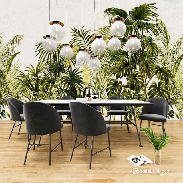 Modern Dining Table Set With Gray Chairs Against Green Plant Wall And Glass Chandelier 3d model 