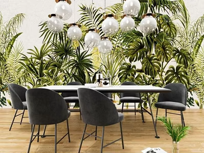 Modern Dining Table Set With Gray Chairs Against Green Plant Wall And Glass Chandelier 3d model