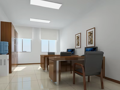 Public Office Workspace With Desks Chairs Computers Wall Paintings Windows With Blinds And Water Dispenser 3d model