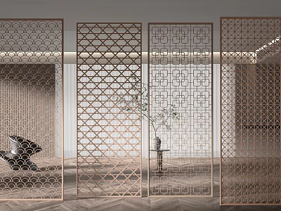 Decorative Brass Room Dividers With Geometric Lattice Patterns In Modern Interior Space 3d model