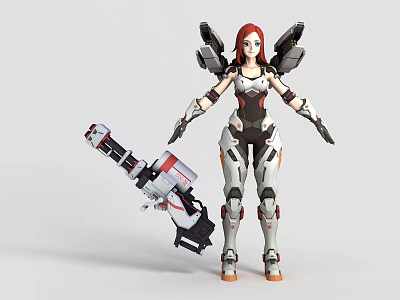 Tech Exhibition Hall Showcasing Futuristic Female Character With Mechanical Wings And Large Weapon 3d model