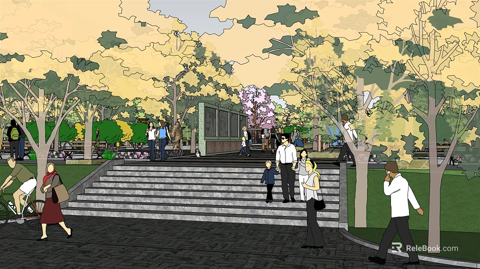 Residential Landscape with Steps Trees and People Enjoying Leisure Space 3d model 