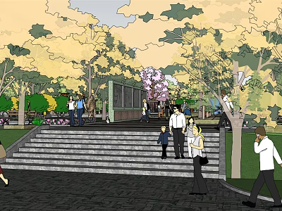 Residential Landscape with Steps Trees and People Enjoying Leisure Space 3d model