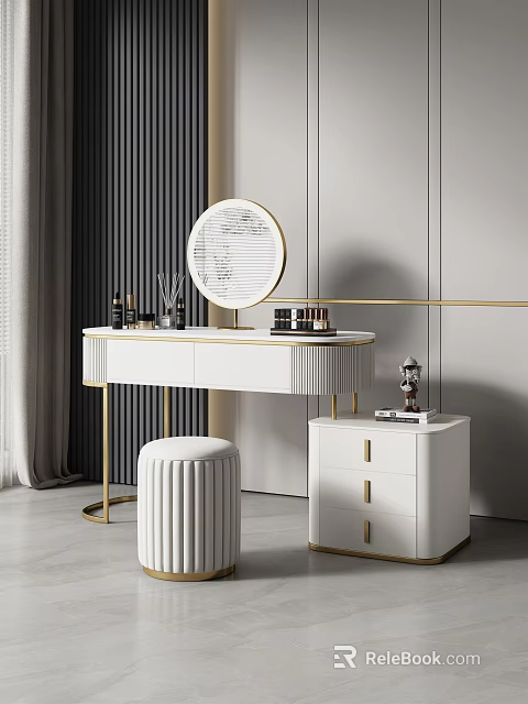 Elegant Modern White Dressing Table With Round Mirror Gold Accents Stool And Cabinet 3d model 