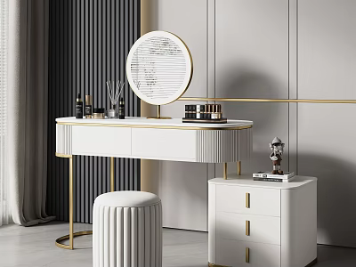 Elegant Modern White Dressing Table With Round Mirror Gold Accents Stool And Cabinet 3d model