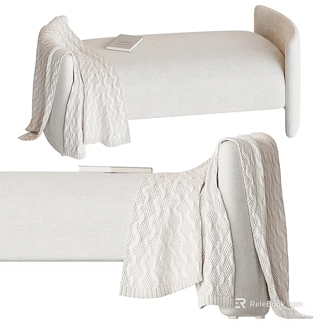 Cozy Beige Linen Upholstered Footstool With Draped Knitted Blanket And Book 3d model 