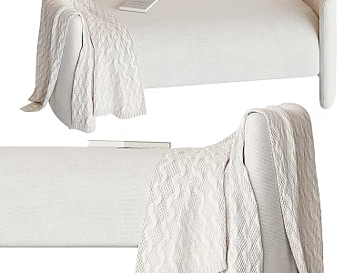 Cozy Beige Linen Upholstered Footstool With Draped Knitted Blanket And Book 3d model