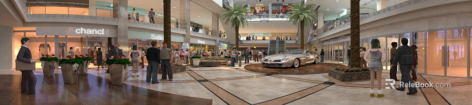 Spacious Mall Lobby With Palm Trees Shoppers And Car 3d model 