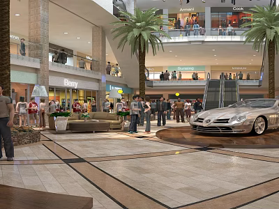 Spacious Mall Lobby With Palm Trees Shoppers And Car 3d model