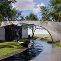 Modern Building Exterior Wall With Curved Metal Grille Green Trees And Lawn Lighting