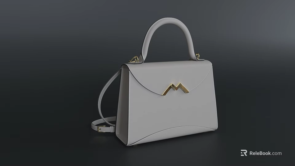 Light Gray Leather Handbag with Gold M Shaped Clasp Top Handle and Sleek Design 3d model 
