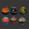 Six Spherical Explosive Weapons With Various Colors Warning Symbols And Fuses