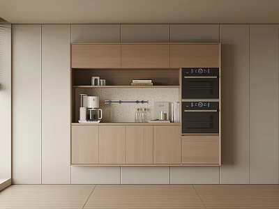 Modern Light Wood Sideboard With Built in Ovens Coffee Maker And Decorative Cups 3d model