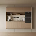 Modern Light Wood Sideboard With Built in Ovens Coffee Maker And Decorative Cups
