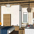 Hotel Guest Room Interior With Wooden Elements Hanging Lamps Screen Worktable Laptop And Fruits