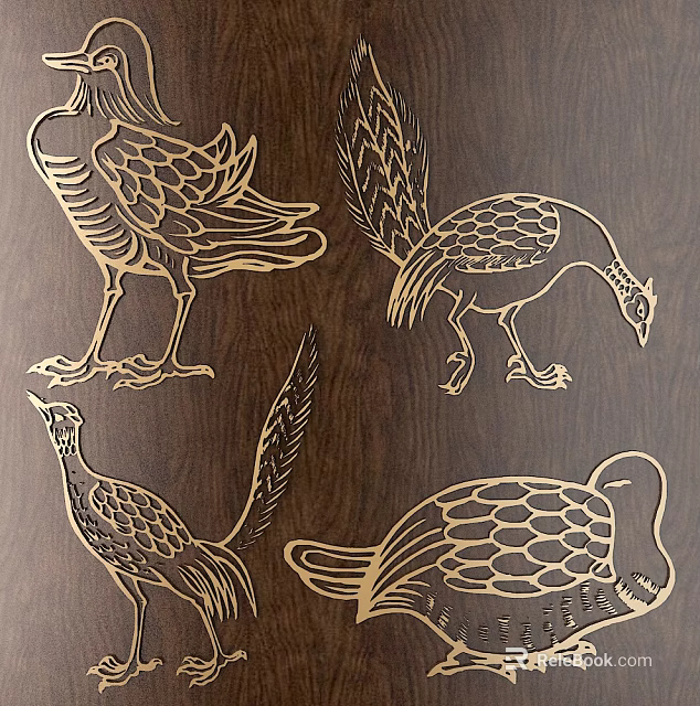 Golden Bird Carvings On Dark Wooden Surface With Intricate Feather Patterns 3d model 