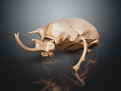 Golden Rhinoceros Beetle With Large Horn And Streamlined Body On Dark Reflective Background 3d model