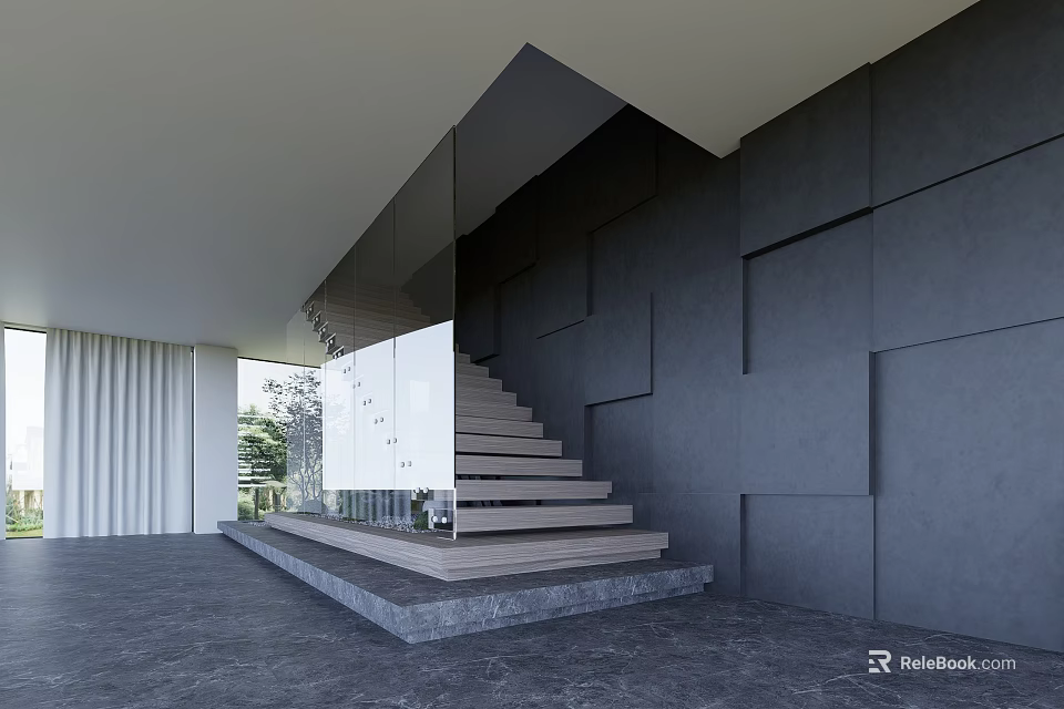 Modern Staircase With Glass Railing Gray Geometric Wall And Stone Floor 3d model 