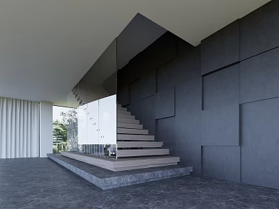 Modern Staircase With Glass Railing Gray Geometric Wall And Stone Floor 3d model