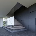 Modern Staircase With Glass Railing Gray Geometric Wall And Stone Floor