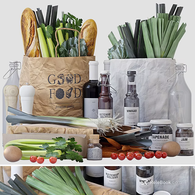 Fresh Organic Vegetables Display With Paper Bags Seasoning Bread And Eggs 3d model 