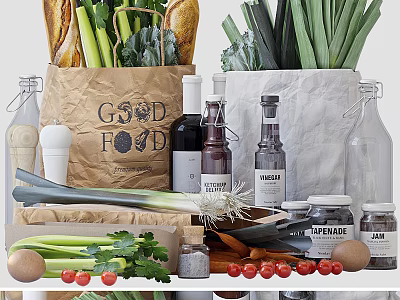 Fresh Organic Vegetables Display With Paper Bags Seasoning Bread And Eggs 3d model