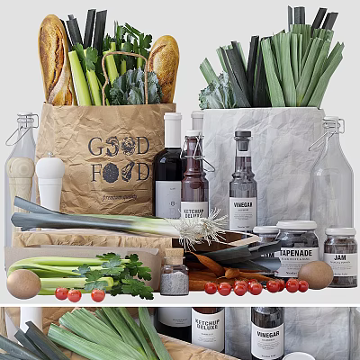 Fresh Organic Vegetables Display With Paper Bags Seasoning Bread And Eggs 3d model