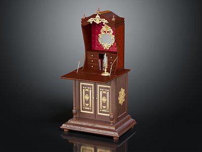 Antique Wooden Cabinet With Gold Carved Accents Red Lining Mirror And Drawers Vintage Design 3d model