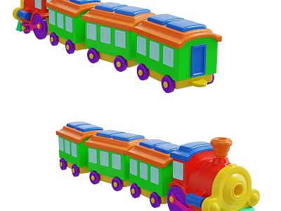 Colorful Electric Toy Train With Multiple Carriages Blue Roofs And Purple Wheels 3d model