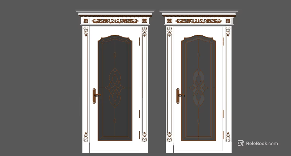 White Hinged Doors With Glass Panels And Carved Frame Decorations 3d model 
