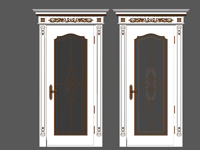 White Hinged Doors With Glass Panels And Carved Frame Decorations 3d model