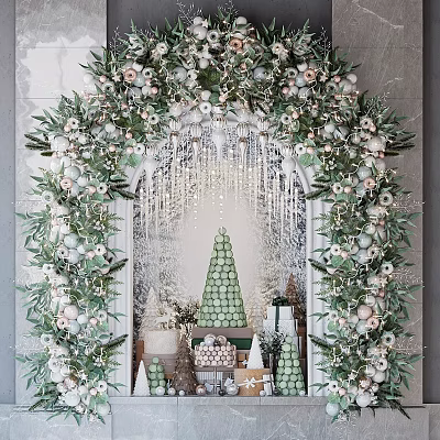 Commercial Festive Display Equipment With Greenery Arch And Gift Arrangements For Retail Stores 3d model