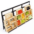 Display Shelf with Multiple Wooden Crates Filled with Assorted Fruits and Vegetables